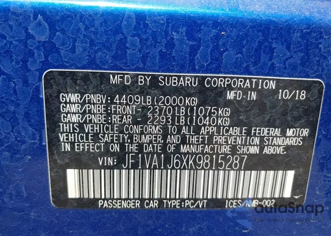 2019 Subaru Wrx Limited from USA, damaged, VIN JF1VA1J6XK9815287